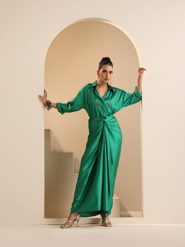 Green Satin Shirt and Wrap Dhoti Skirt Co-ord Set — Sakshi G Chawla