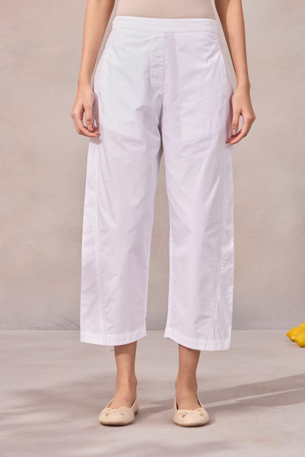 Bright White Cotton Poplin Barrel-Leg Crop Trousers — 63East