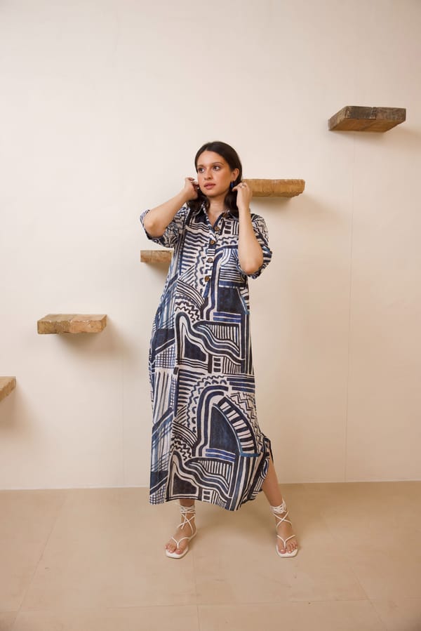 White and Blue Abstract Print Oversized Kaftan Maxi Dress — HAPPI SPACE