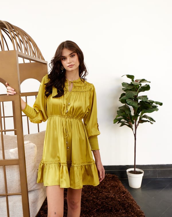 Gold Satin Tiered Mini Dress with Tie-Up Neck — Style Island
