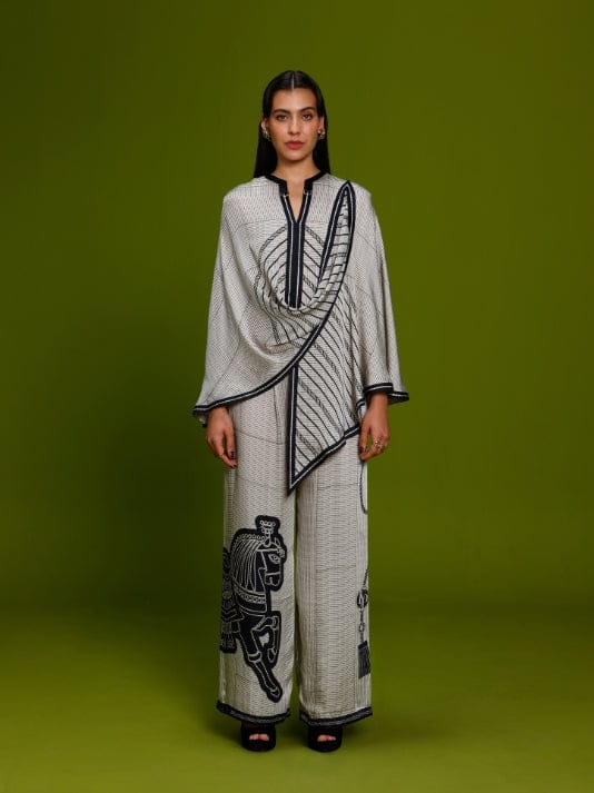 Ivory Cupro Satin Graphic Print Co-ord Set — Kamaali Pret
