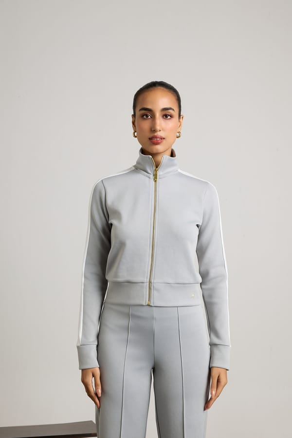 Grey Lycra Scuba Zip-Up Jacket and Flared Pants Co-ord Set — Muvazo