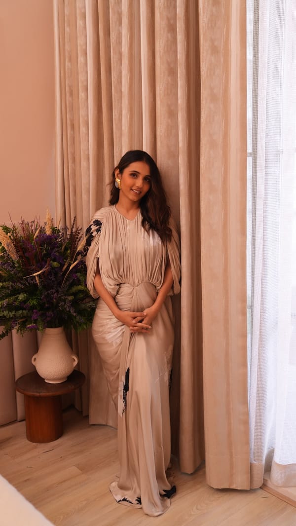 Ivory Floral Print Draped Maxi Gown — STUDIO SURBHI