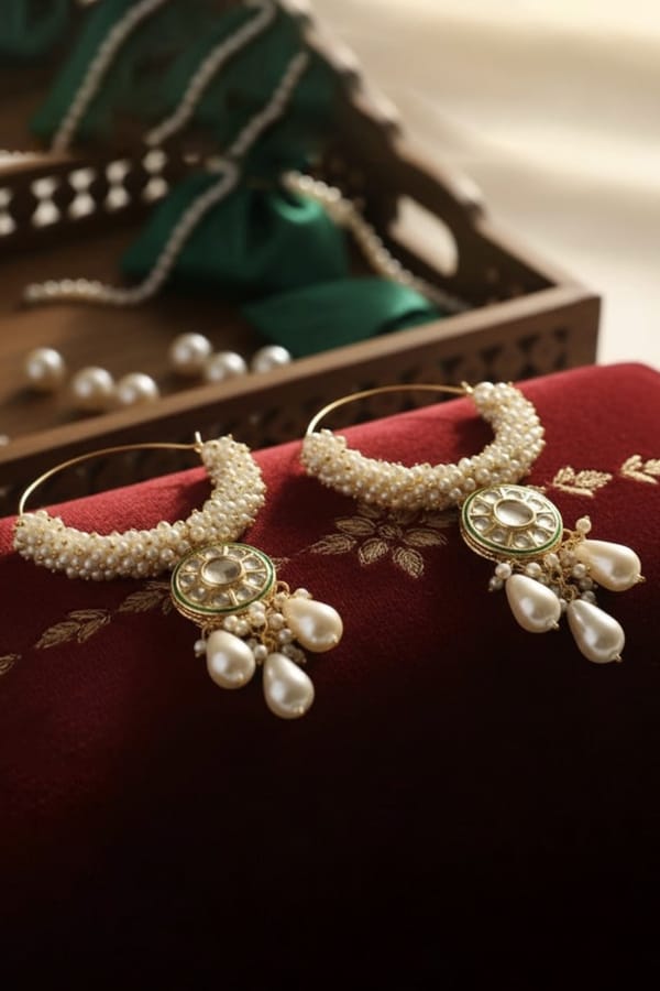 The Emerald Kundan & Pearl Beaded Hoop Earrings — Beauty Spot Jewellery