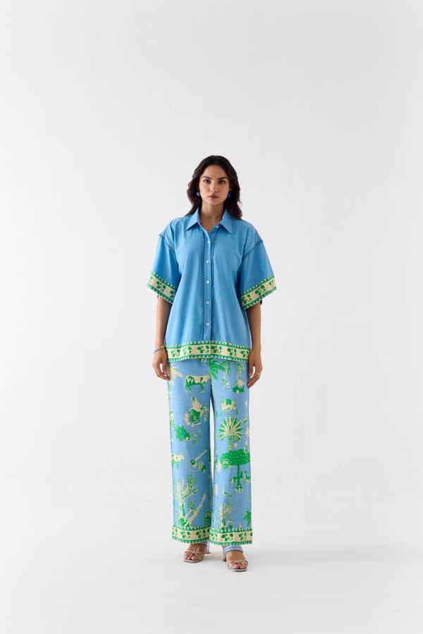 Blue Boxy Shirt and Printed Trousers Co-ord Set — Studio Rigu