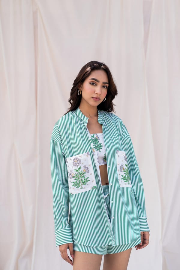 Green and White Striped Oversized Shirt with Embroidered Pockets — Urban Suburban