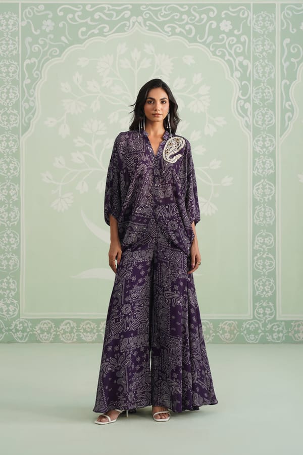 Aubergine Printed Crepe Kurta and Sharara Set — NEETIKA CHOPRA