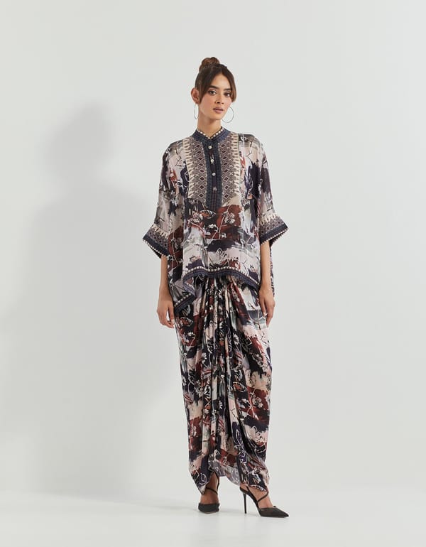 Black Printed Poncho Top and Draped Maxi Skirt Co-ord Set — Kavita Bhartia
