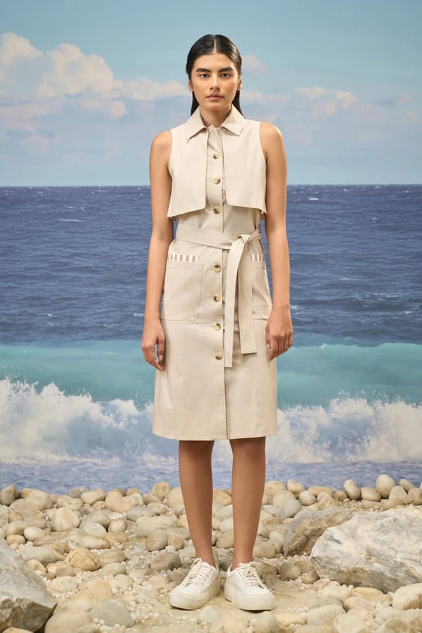 Beige Premium Cotton Lycra Sleeveless Shirt Dress — Genes Lecoanet Hemant