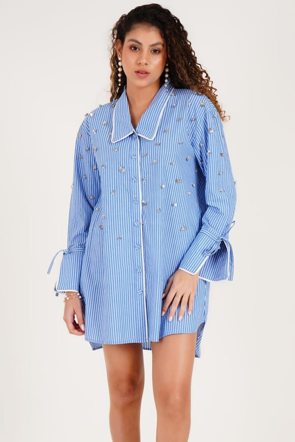 Blue Striped Pearl-Embellished Oversized Shirt Dress — Western Era