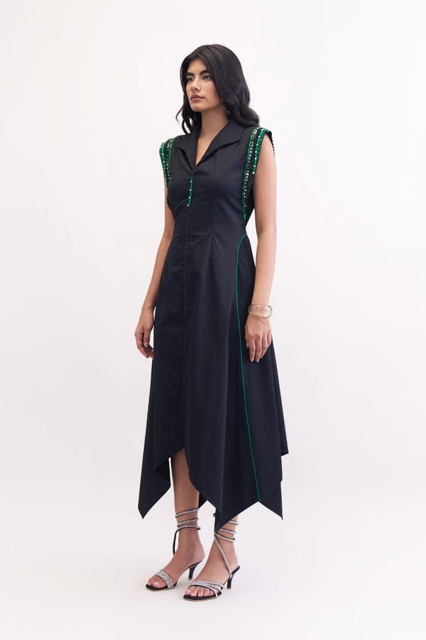 Black Cotton Satin Zip-Front Fit and Flare Midi Dress — Our Love