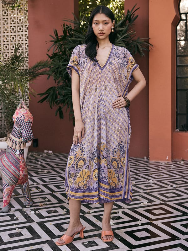 Purple Printed Midi Kaftan Dress with V-Neck — SAUNDH