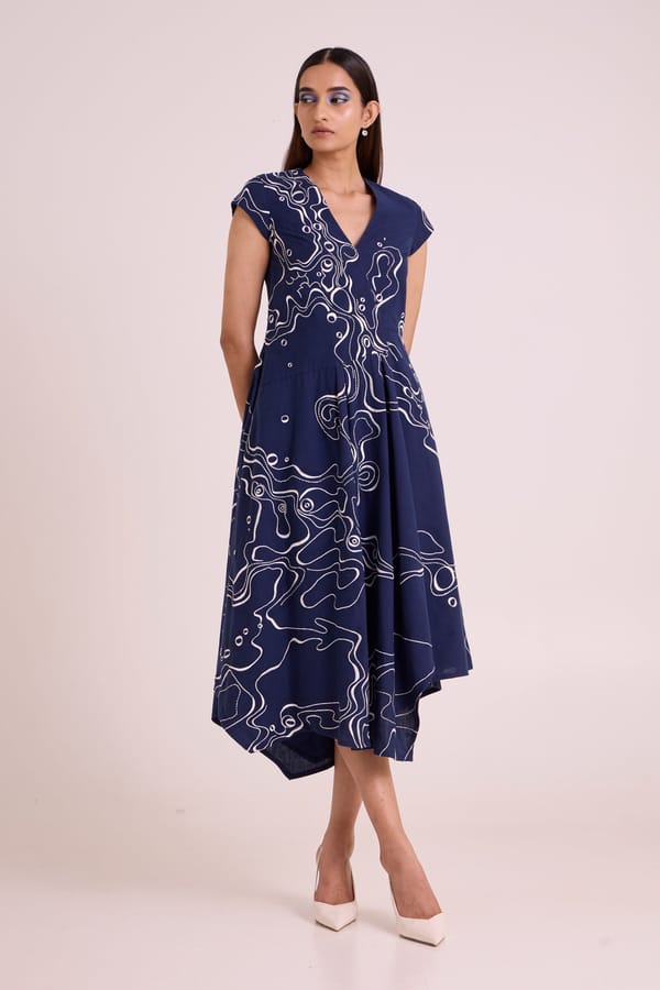Indigo Graphic Print V-Neck Fit and Flare Midi Dress — Madder Much