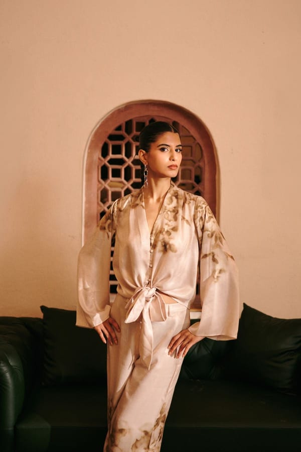 Cream and Green Printed Knot Co-ord Set — Contemponari