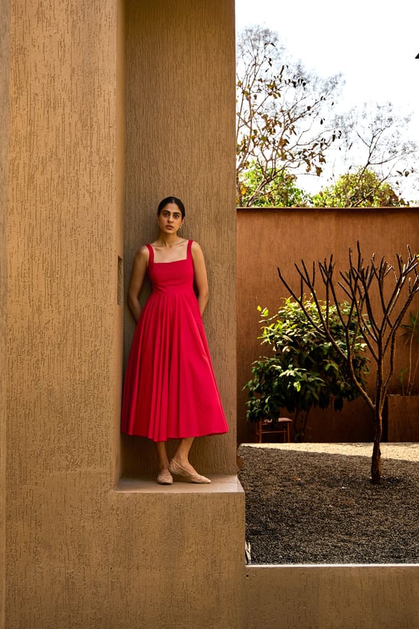 Red Cotton Cambric Fit and Flare Square Neck Midi Dress — The Summer House