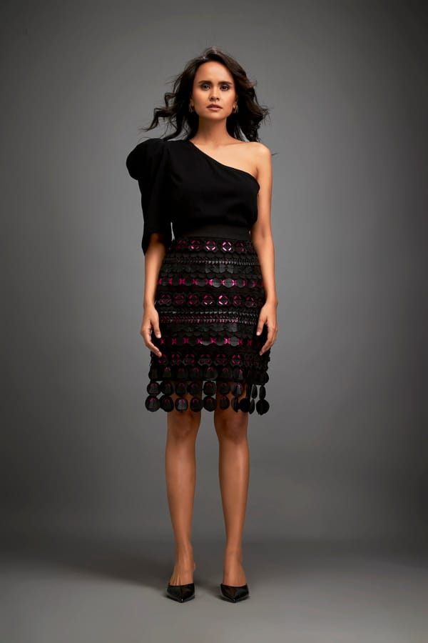 Asymmetrical Top With Puff Sleeve With Metallic Pink Geometric Skirt — Deepika Arora