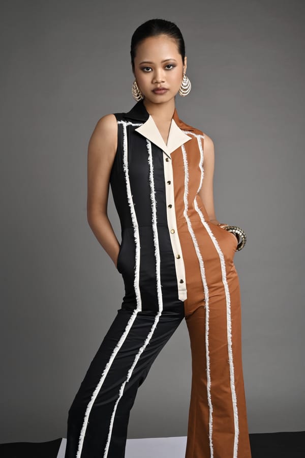 Rust/Black Colorblocked Lapel Collar Wide-Leg Jumpsuit — Veera Wear