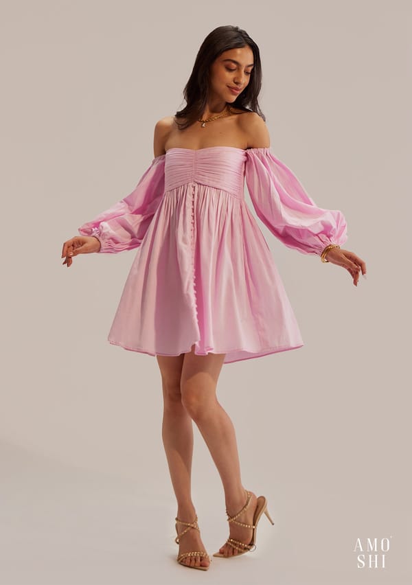 Pink Off-Shoulder Ruched Fit and Flare Mini Dress — AMOSHI
