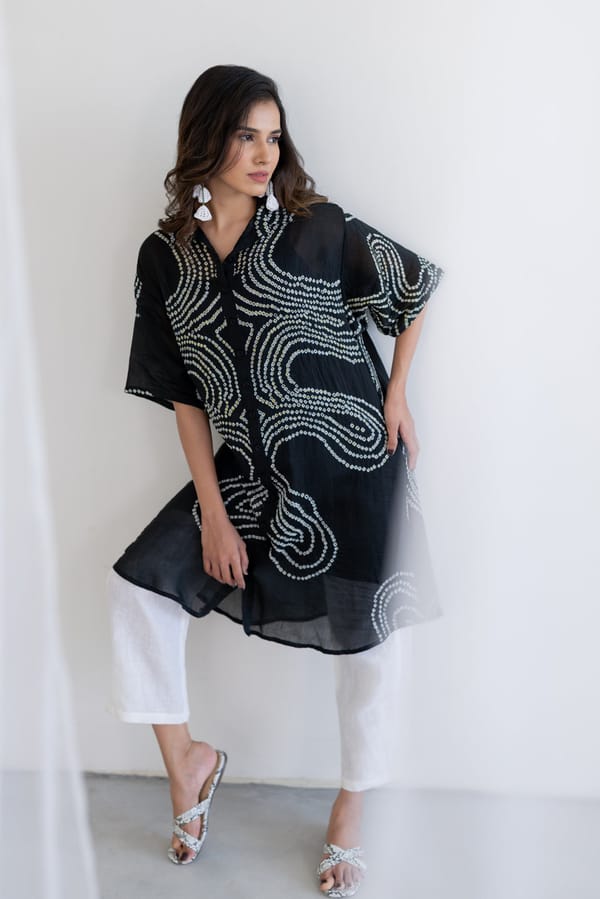 Ink Black Waves Tunic Set — Silai studio