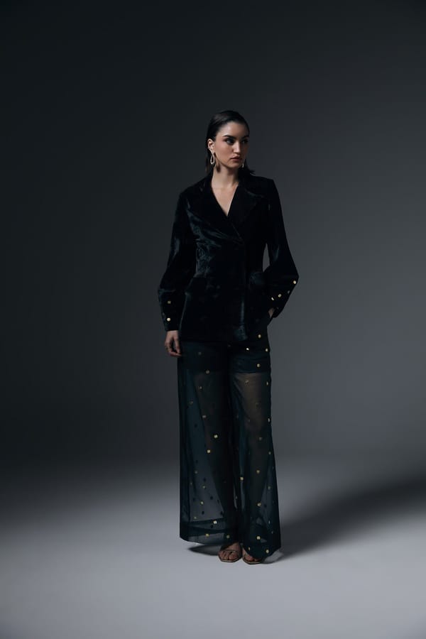 Black Velvet Blazer and Sheer Wide-Leg Pants Co-ord Set — BELONG