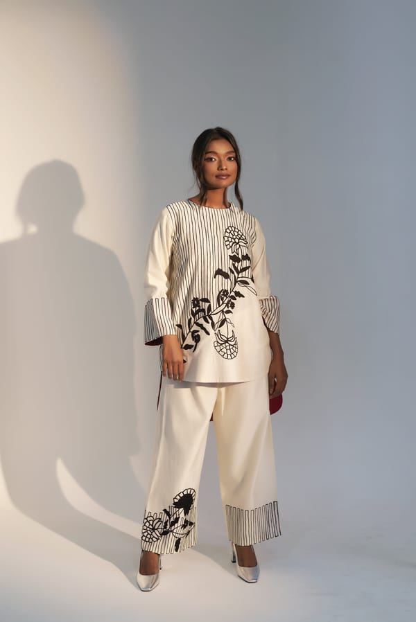 Ivory Silk Chanderi Printed Kurta Set with Wide-Leg Pants — Gotta Kinari