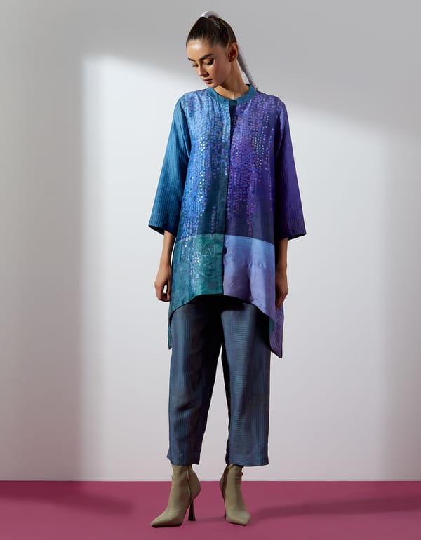 Glint Green and Purple Colorblock Silk Kurta Co-ord Set — CLOS
