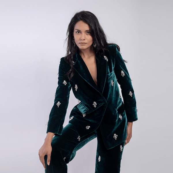 Emerald Green Velvet Embellished Asymmetric Blazer — MAGIA