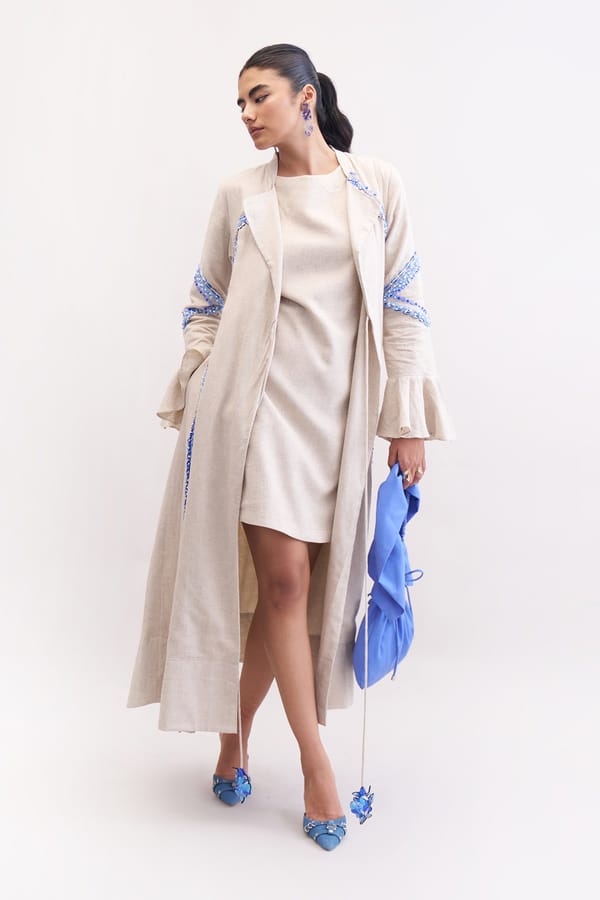 Neutral Linen Straight Midi Dress with Embroidered Cape Set — Our Love
