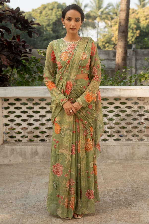 Alaia Saree Set ��Sage Green — Paulmi and Harsh