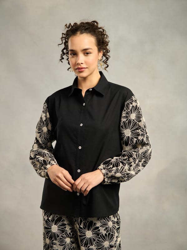 Black Cotton Schiffli Cutwork Sleeve Button-Down Shirt — Style Island