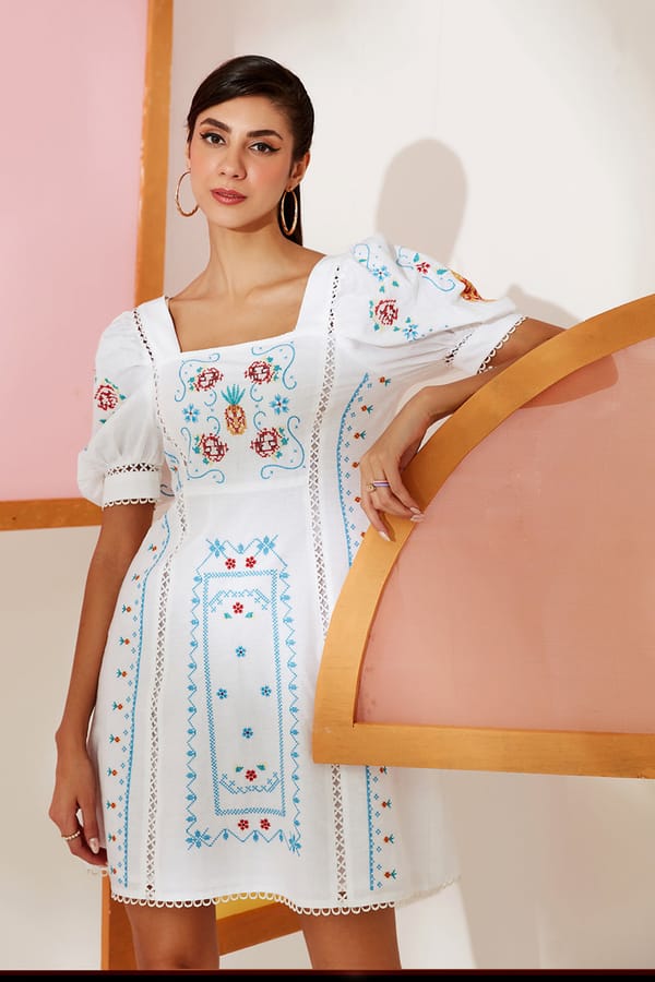 White Cotton Embroidered Puff Sleeve Mini Dress — BOHO-CHIC