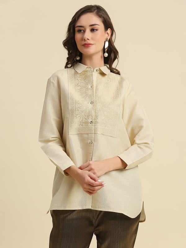 Solid Metallic Off White Shirt with Brocade Yolk — Cloth Haus