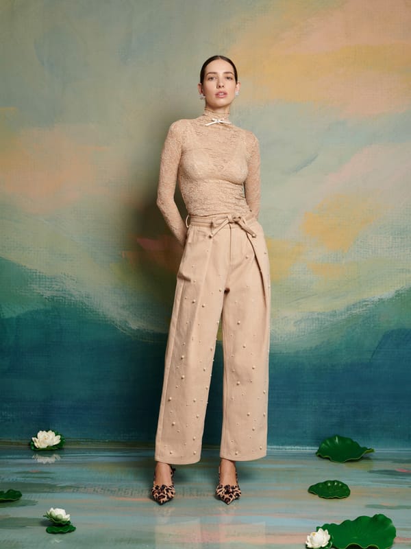 Tan Pearl-Stud High-Waist Wide-Leg Trousers — SISTER JANE
