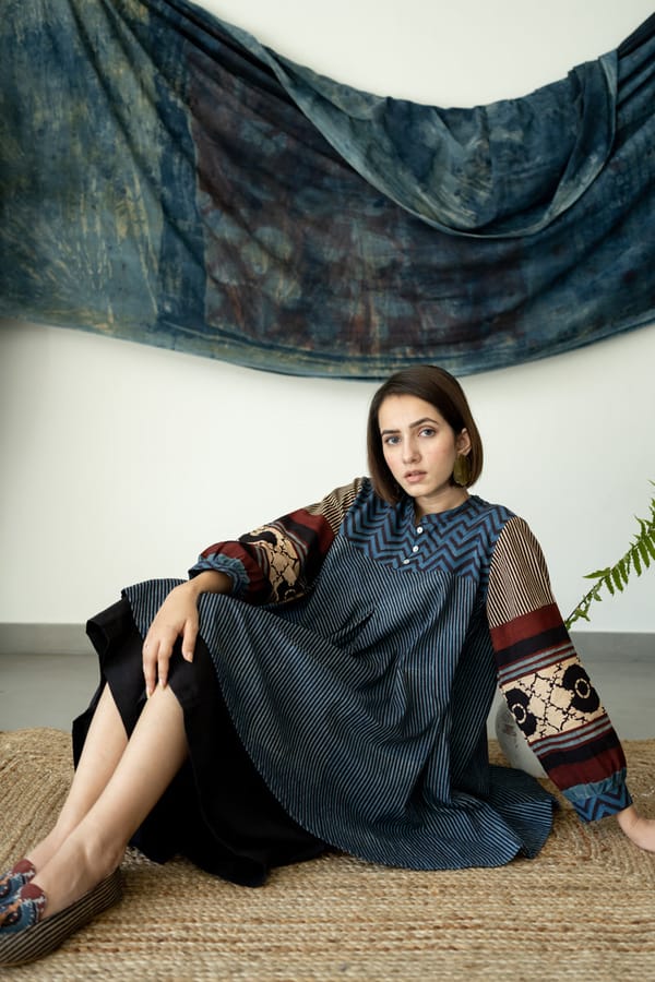Indigo and Black Block Print Flowy Tunic Top — Vraj Bhoomi