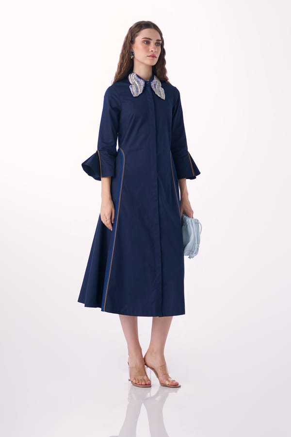 Navy Cotton Satin Fit and Flare Midi Shirt Dress — Our Love