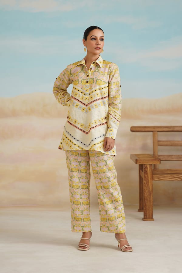 Multicolor Printed Linen Co-ord Set with Wide-Leg Pants — NEETIKA CHOPRA