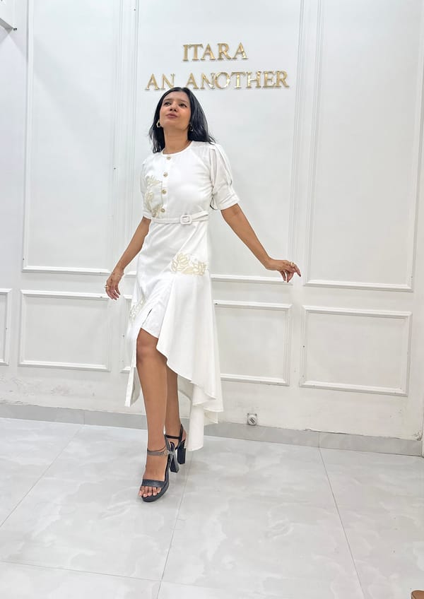 Pearl White Twill Floral Applique Midi Dress — Itara an another