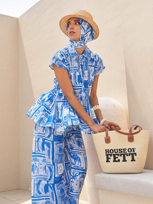 Cobalt Blue Postage Print Peplum Top and Pants Co-ord Set — HOUSE OF FETT