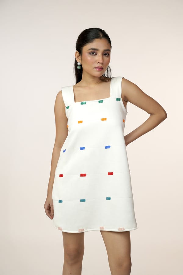 White Suede Mini Shift Dress with Beaded Embroidery — 9899