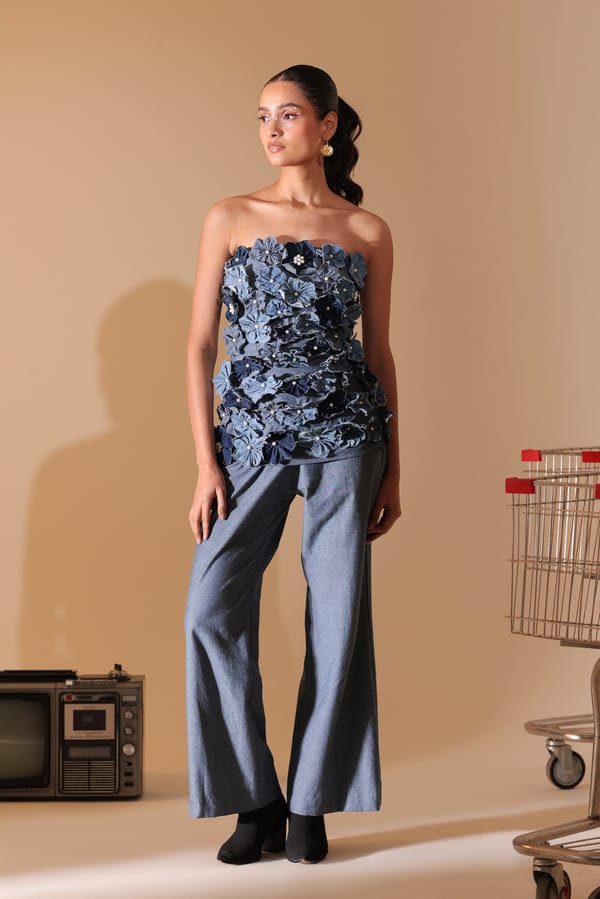 Blue Denim Strapless 3D Floral Co-ord Set — MANVI DAGA STUDIO