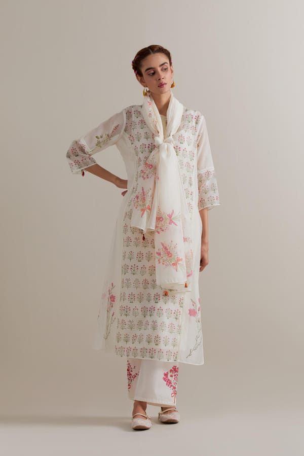 Off-White Floral Block Print Kurta Set with Dupatta — Upavita