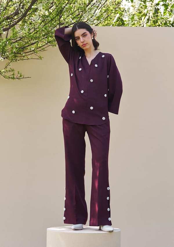 Burgundy Pearl-Embellished Co-ord Set with Wide-Leg Pants — AMOSHI