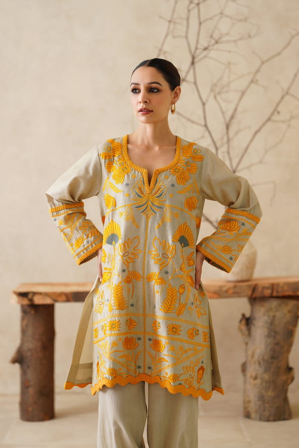 Beige Chanderi Embroidered Kurta Co-ord Set — NEETIKA CHOPRA