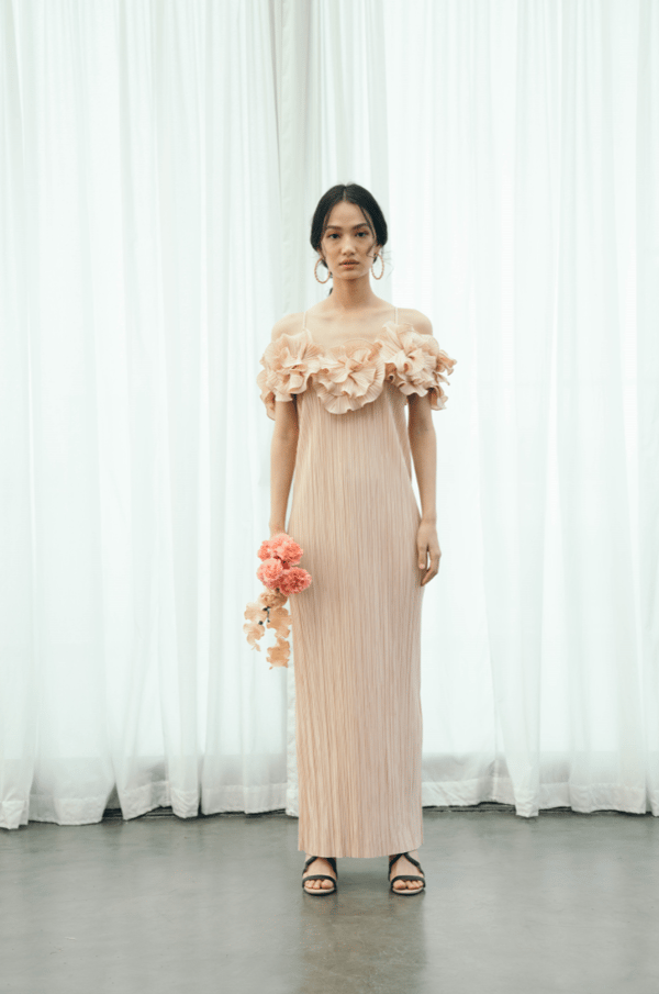 Pink Pleated Off-Shoulder Maxi Dress — Pleats by Aruni