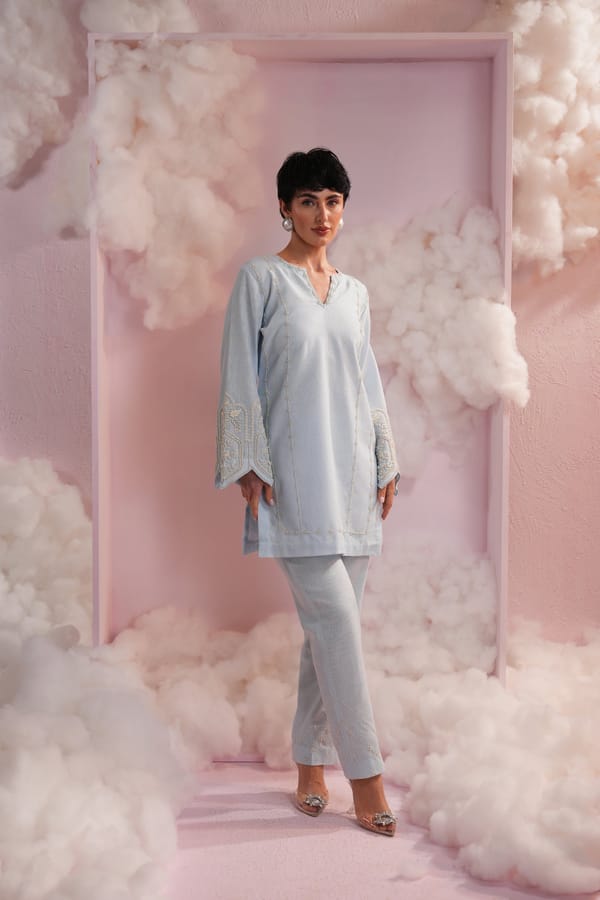 Powder Blue Pearl Embroidered Kurta Pant Co-ord Set — Simar Tuli