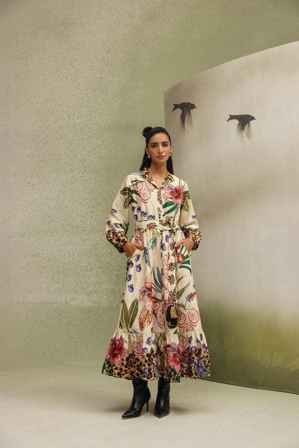 Off-White Printed Maxi Shirt Dress with Tie Belt — SHOP NOIB