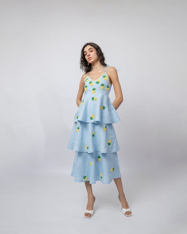 Pastel Blue Linen Tiered Midi Dress with Beaded Motifs — MAGIA