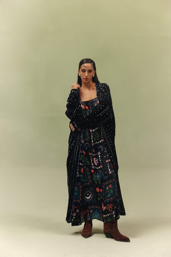 Navy Blue Velvet Long Printed Poncho — SHOP NOIB