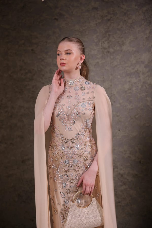 Cream Hand-Embellished Cape Maxi Gown — EDITION II