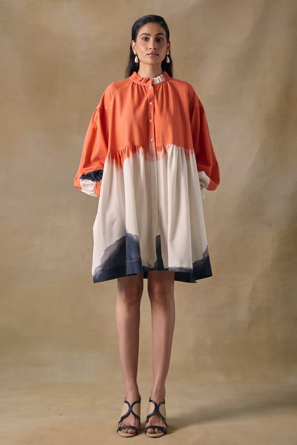 Orange Wash Printed Smock Mini Dress with Button-Down Front — Pocketful Of Cherrie